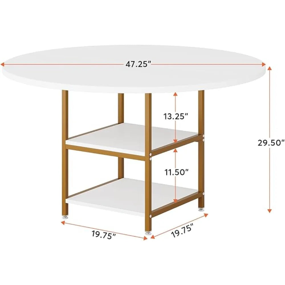 47 Inches Dining Table Kitchen Tables for Dining Room, 4 People Round Dinner Table with Storage Shelves for Room, (Only Table)