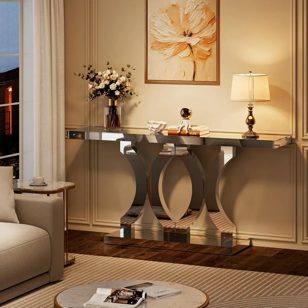 55 Inches Mirrored Console Table,  Entryway Table with Geometric Base,  Modern Sofa Table Behind Couch for Living Room