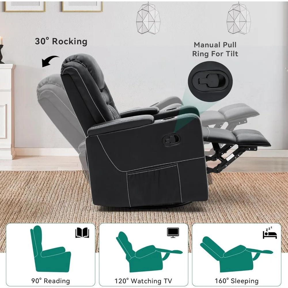 Swivel Rocking Recliner with Massage and Heat, Hidden Arm Storage, Faux Leather Rocker Recliner Chairs, Manual Recliner