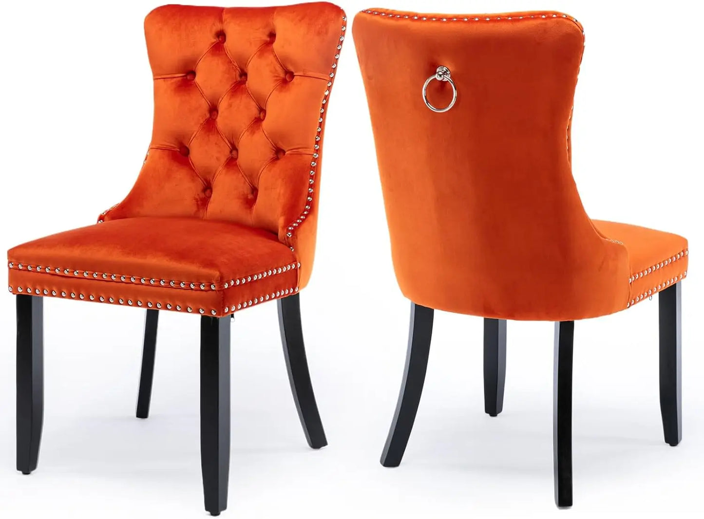 Velvet Upholstered Dining Chairs Set of 6, Nailhead Trim and Gold Plated Leg, Metal Pulling Ring, Modern Style Kitchen Chairs