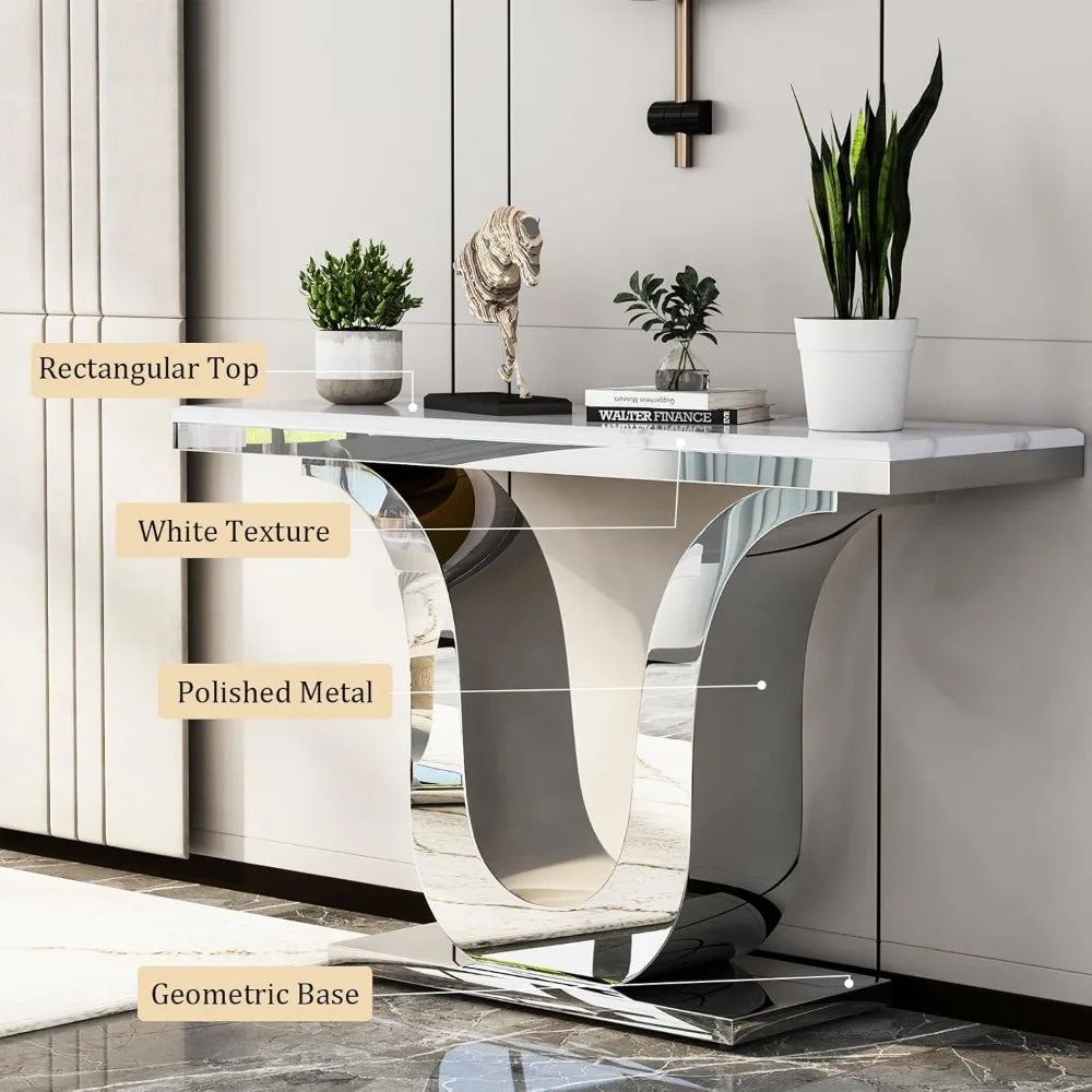 Silver Console Table,  White and Silver Living Room Sofa Table,  50" Modern Console  Entryway, Living Room