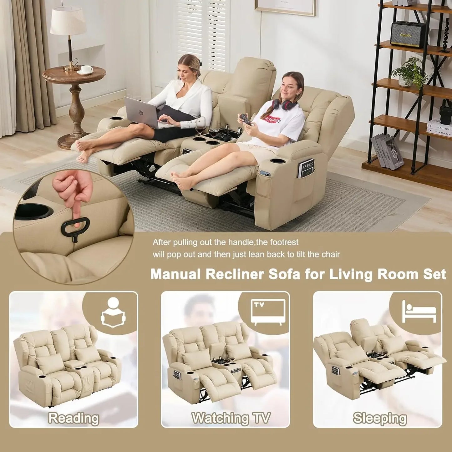 65.5" RV Loveseat Recliner Double Recliner RV Sofa & Console | RV Couch | RV Furniture, Home Theater Seating… (Beige)