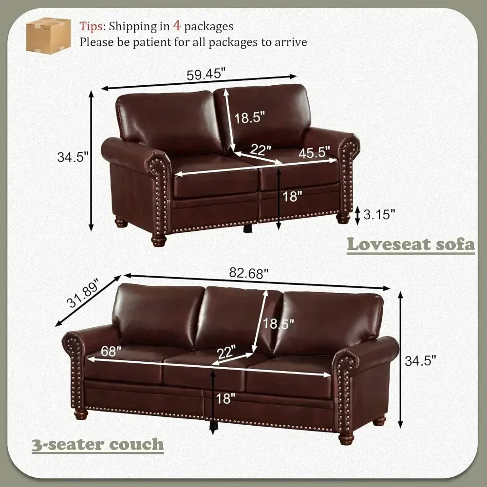 Upholstered PU Leather Sofa Couch Set,  Modern Loveseat Sofa+3 Seater Couch with Storage Space Furniture Set Living Room Sofas