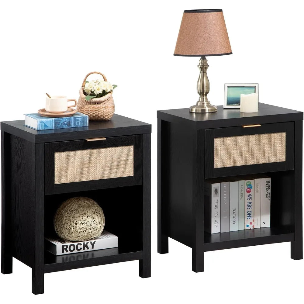 Rattan Night Stands Set of 2, Farmhouse Nightstand Bedside Table with Drawer and Storage Shelf, Boho End Side Table for Bedroom