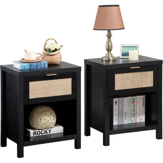 Rattan Night Stands Set of 2, Farmhouse Nightstand Bedside Table with Drawer and Storage Shelf, Boho End Side Table for Bedroom