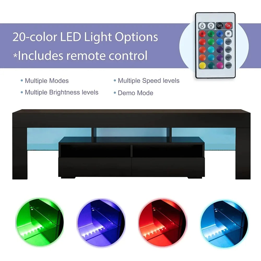 LED Light TV Stand for 55/60/65 inch TV, Modern Gloss Entertainment Center with Drawer and Glass Open Shelf, TV Console Table