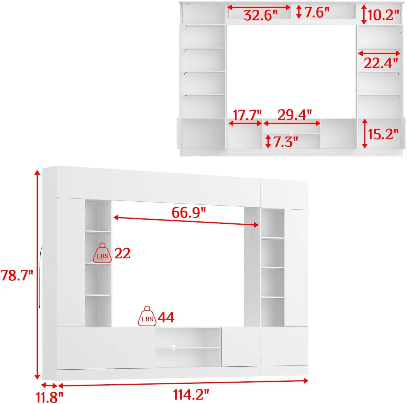 White 114" Large Wall Unit Entertainment Center with Bookshelves, Lights and 18 Shelves, Modern  Console Table  Home Theater