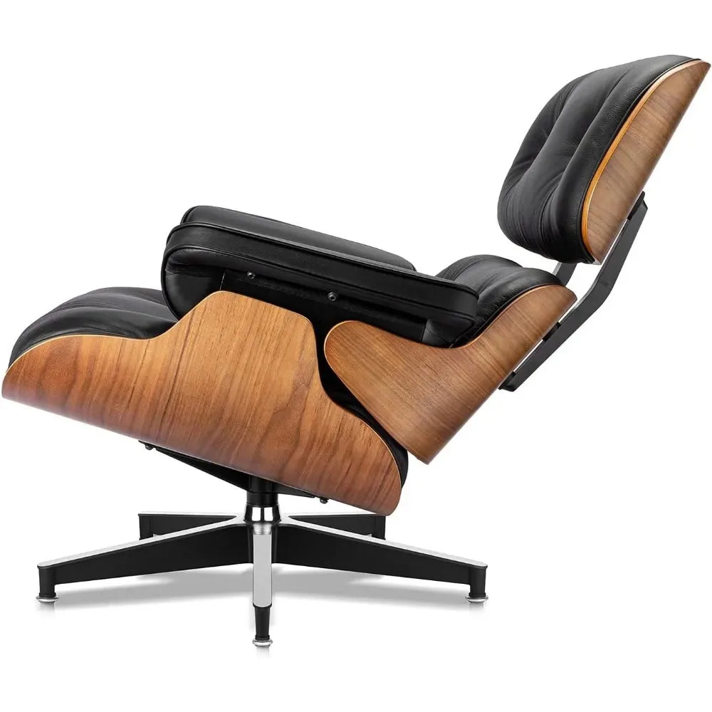 Black Grained Leather, Mid-century Lounge Chair and Footstool, Modern Chair Classic Design, Walnut, Heavy Base Support
