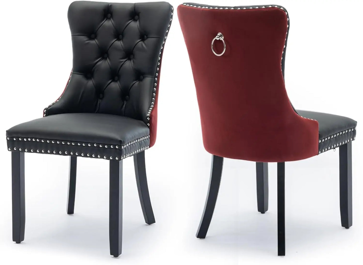 Velvet Upholstered Dining Chairs Set of 6, Nailhead Trim and Gold Plated Leg, Metal Pulling Ring, Modern Style Kitchen Chairs