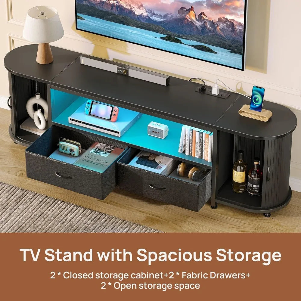 TV Stand for 65 70 Inch Tv, Entertainment Center with Power Outlets and Led, 2 Fabric Drawers Tv Stand with 2 Cabinets