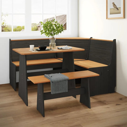 Breakfast Nook Corner Dining Table Kitchen Bench Chair Set, Space-Saving 3-5 People Seat Reversible L-Shape for Family Home Blac