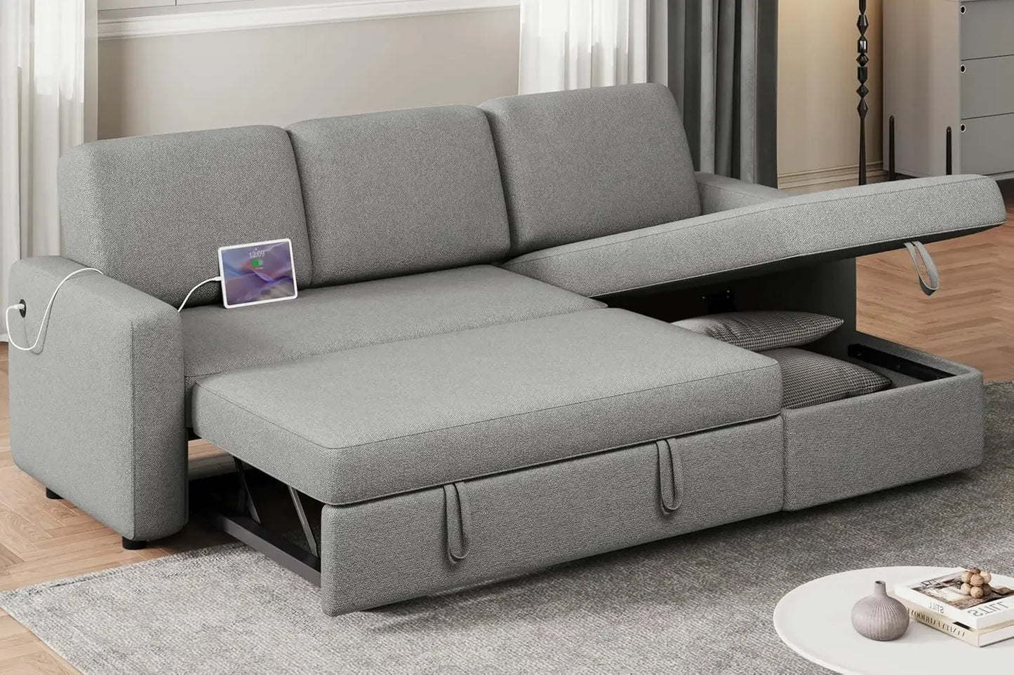 Sectional Sofa L-Shaped Sofa Couch Bed w/Chaise & USB, Reversible Couch Sleeper w/Pull Out Bed & Storage Space
