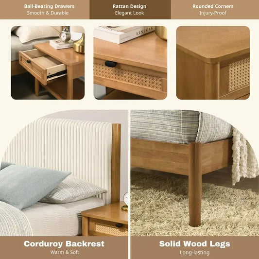 5-Piece Rubberwood Bedroom Set with Upholstered Queen Bed, Dresser, Mirror, Nightstand, and Chest