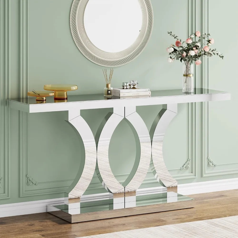 55 Inches Mirrored Console Table,  Entryway Table with Geometric Base,  Modern Sofa Table Behind Couch for Living Room
