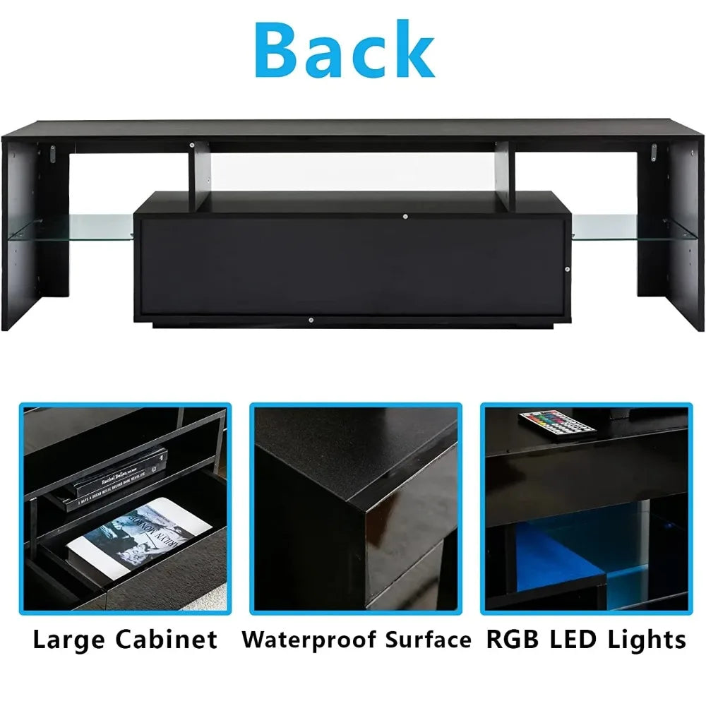 LED Light TV Stand for 55/60/65 inch TV, Modern Gloss Entertainment Center with Drawer and Glass Open Shelf, TV Console Table