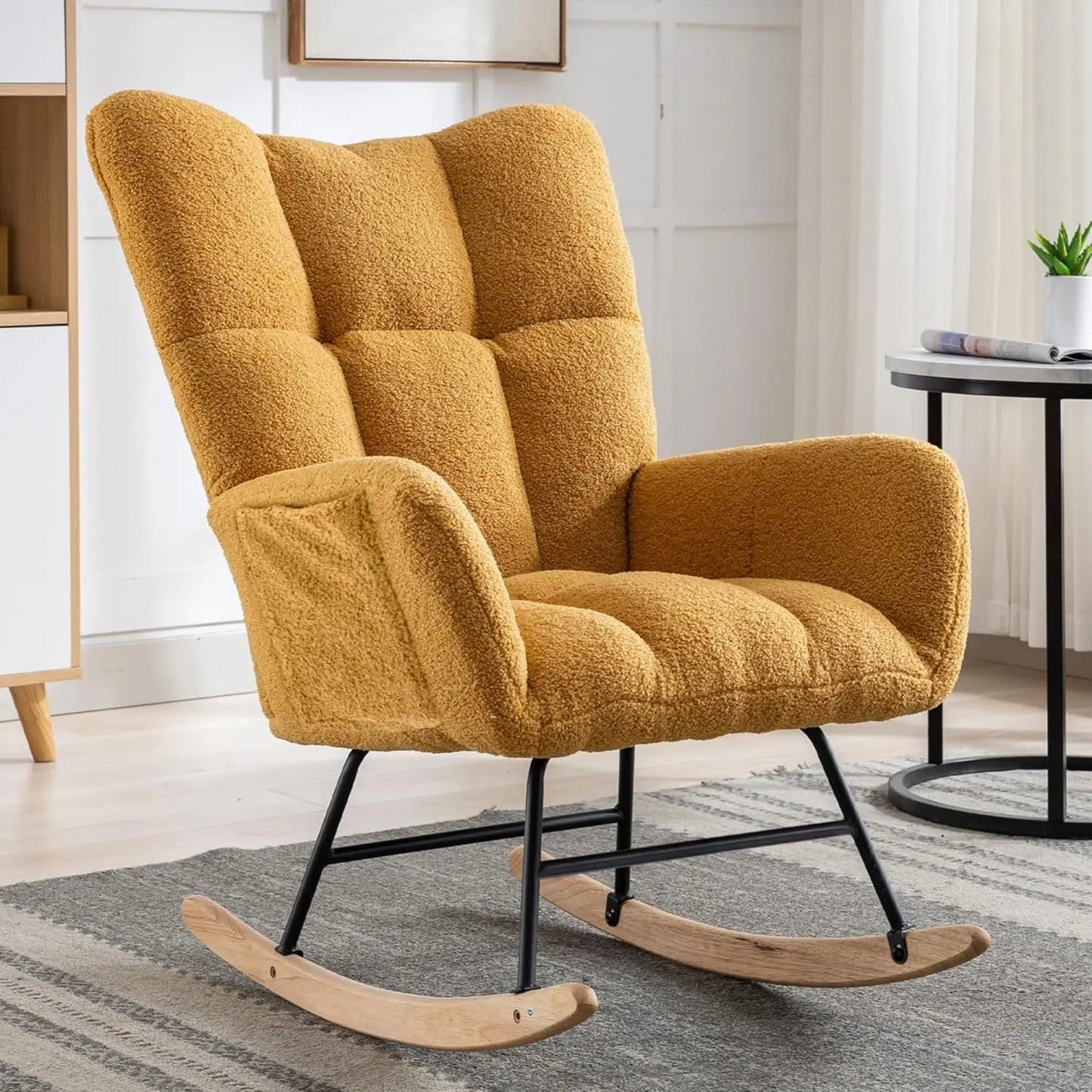 Nursery Rocking Chair Teddy Upholstered Glider Rocker Rocking Accent Chair with High Backrest Armchair Comfy Side Chair