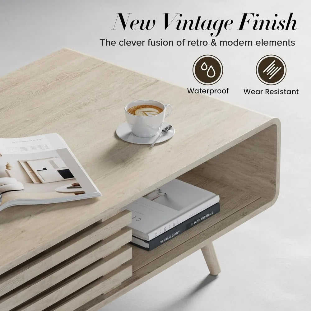 Coffee Table with Storage, Farmhouse Wood Tables for Living Room, Easy Assembly, Suitable for Various Home Styles