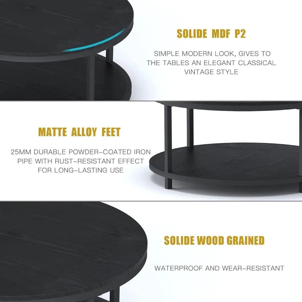 36 inches Round Coffee Table, Rustic Wooden Surface Top & Sturdy Metal Legs Industrial Sofa Table with Storage Open Shelf(Black)