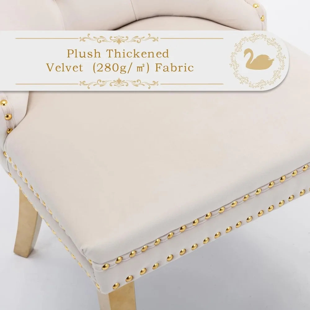 Velvet Upholstered Dining Chairs Set of 6, Nailhead Trim and Gold Plated Leg, Metal Pulling Ring, Modern Style Kitchen Chairs