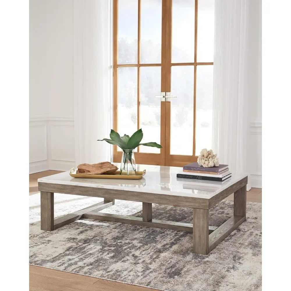 Casual Cocktail Table with Natural Marble Top, White & Light Gray