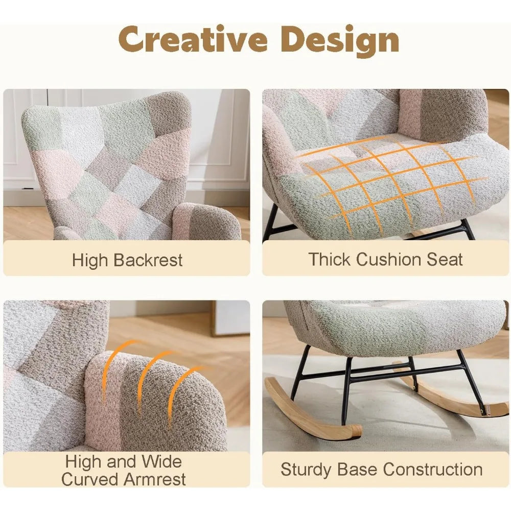 Nursery Rocking Chair Teddy Upholstered Glider Rocker Rocking Accent Chair with High Backrest Armchair Comfy Side Chair