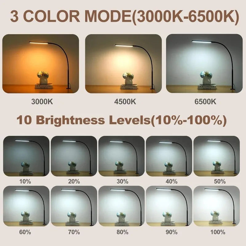 Led Desk Lamp for Home Office, Eye-Caring Desk Light with Clamp, Clip on Light for Reading, 3 Modes 10 Brightness, Flexible Goos