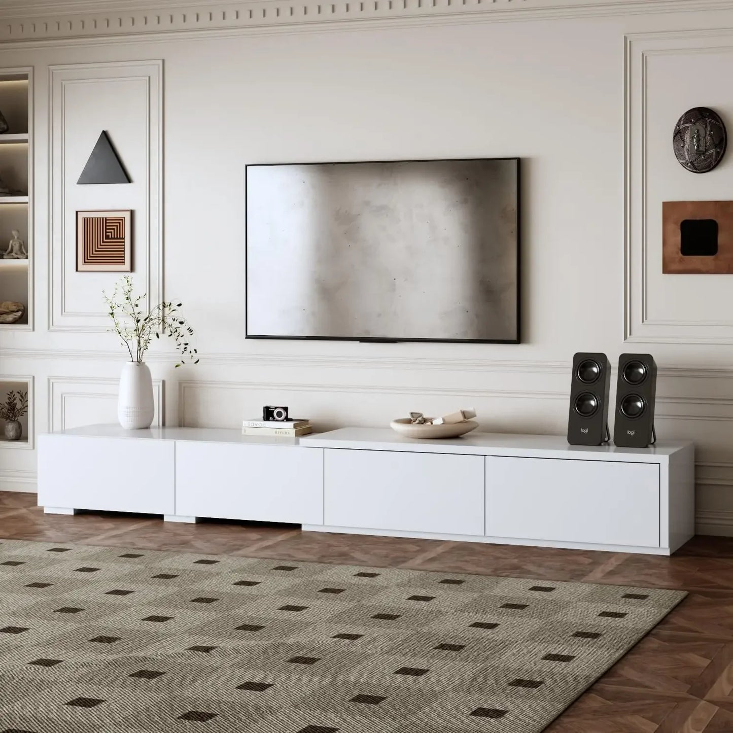 95.1" W TV Stand with 4 Flip-Down Drawers, Modern Entertainment Center with Storage, Media Console Table TV Cabinet