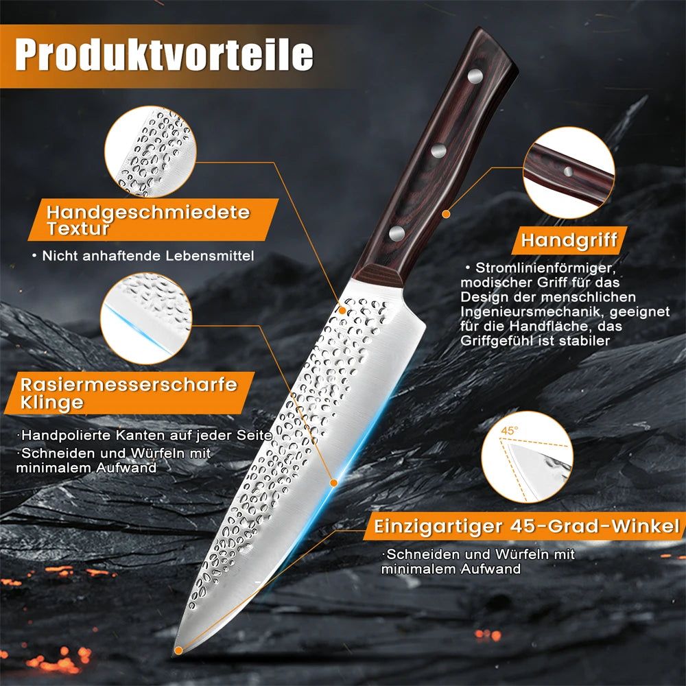 8pcs Chef Knife Kitchen Knives Set Hammer Pattern Sharp Cutting Blade Meat Salmon Slicing Knives Santoku Knives Cooking Tools