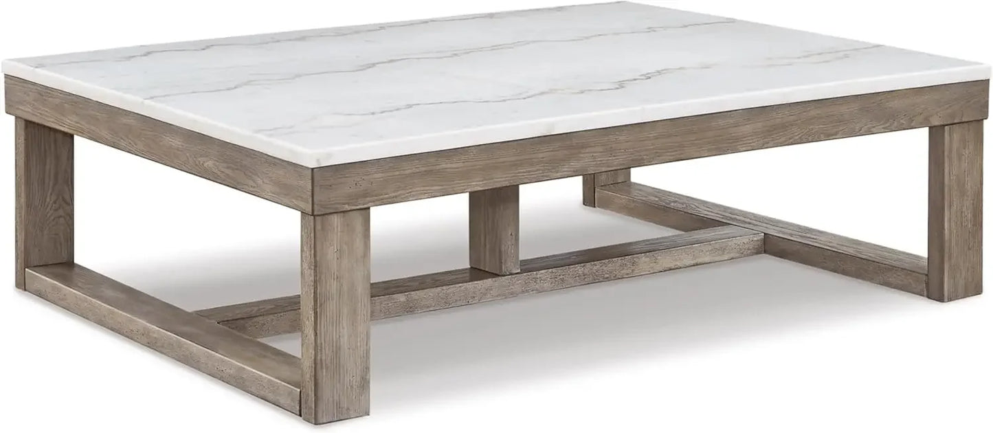Casual Cocktail Table with Natural Marble Top, White & Light Gray