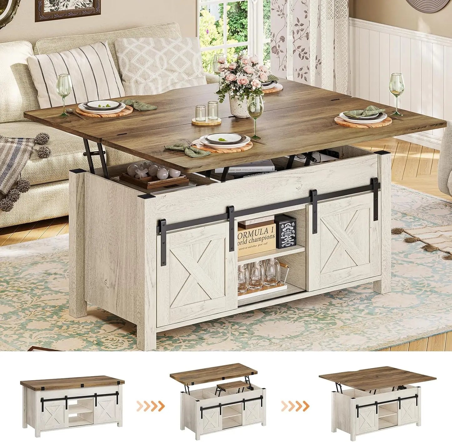Lift Top Coffee Table, 4 in 1 Multi-Function Convertible Coffee Tables with Storage and Hidden Compartment, Farmhouse Coffee