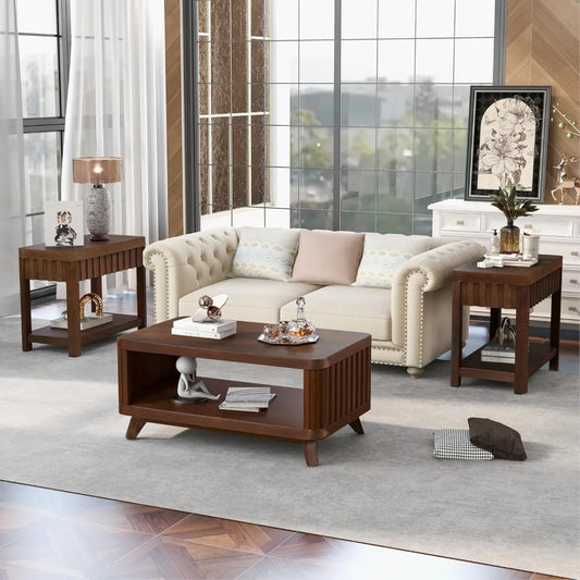 Modern Coffee Table Set of 3, One Center Table with 2 Square End Side Tables, Living Room Furniture Occasional Set for Farmhouse