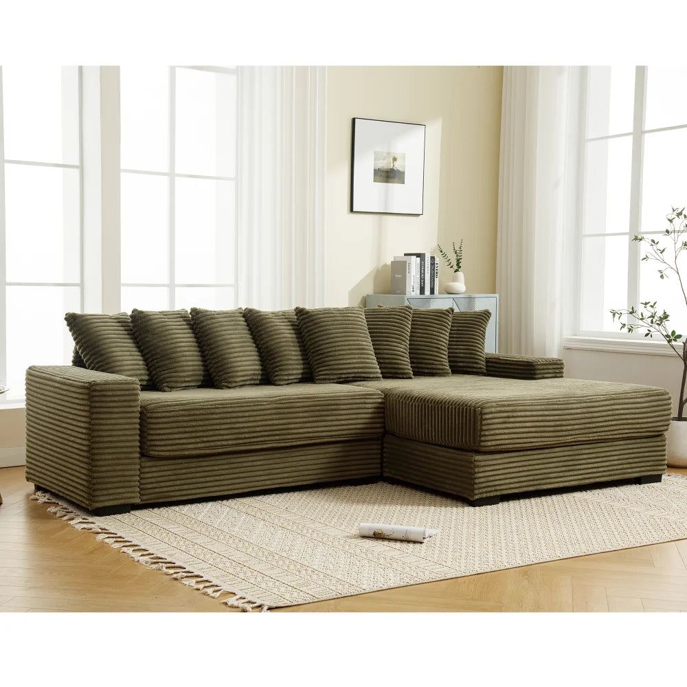 Oversized Two-Piece  Couches,  L Shaped Sofa, Corduroy, Left Chaise Daybed,with Armrests,Eight Throw Pillows,Corner Sofa