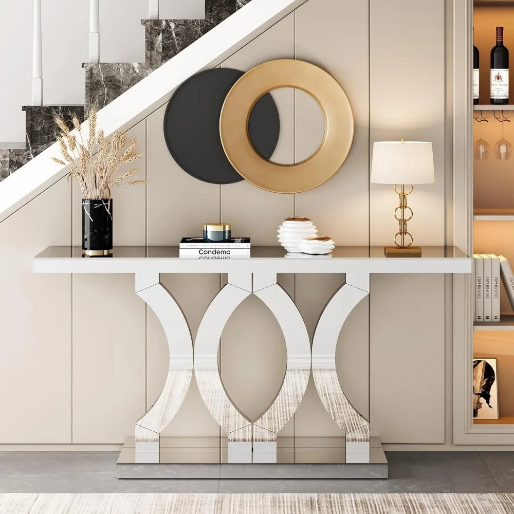 55 Inches Mirrored Console Table,  Entryway Table with Geometric Base,  Modern Sofa Table Behind Couch for Living Room
