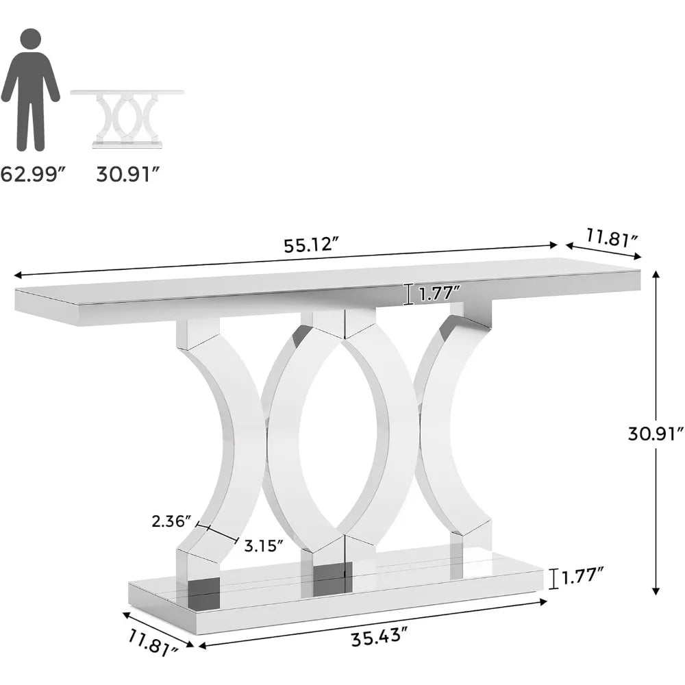 55 Inches Mirrored Console Table,  Entryway Table with Geometric Base,  Modern Sofa Table Behind Couch for Living Room