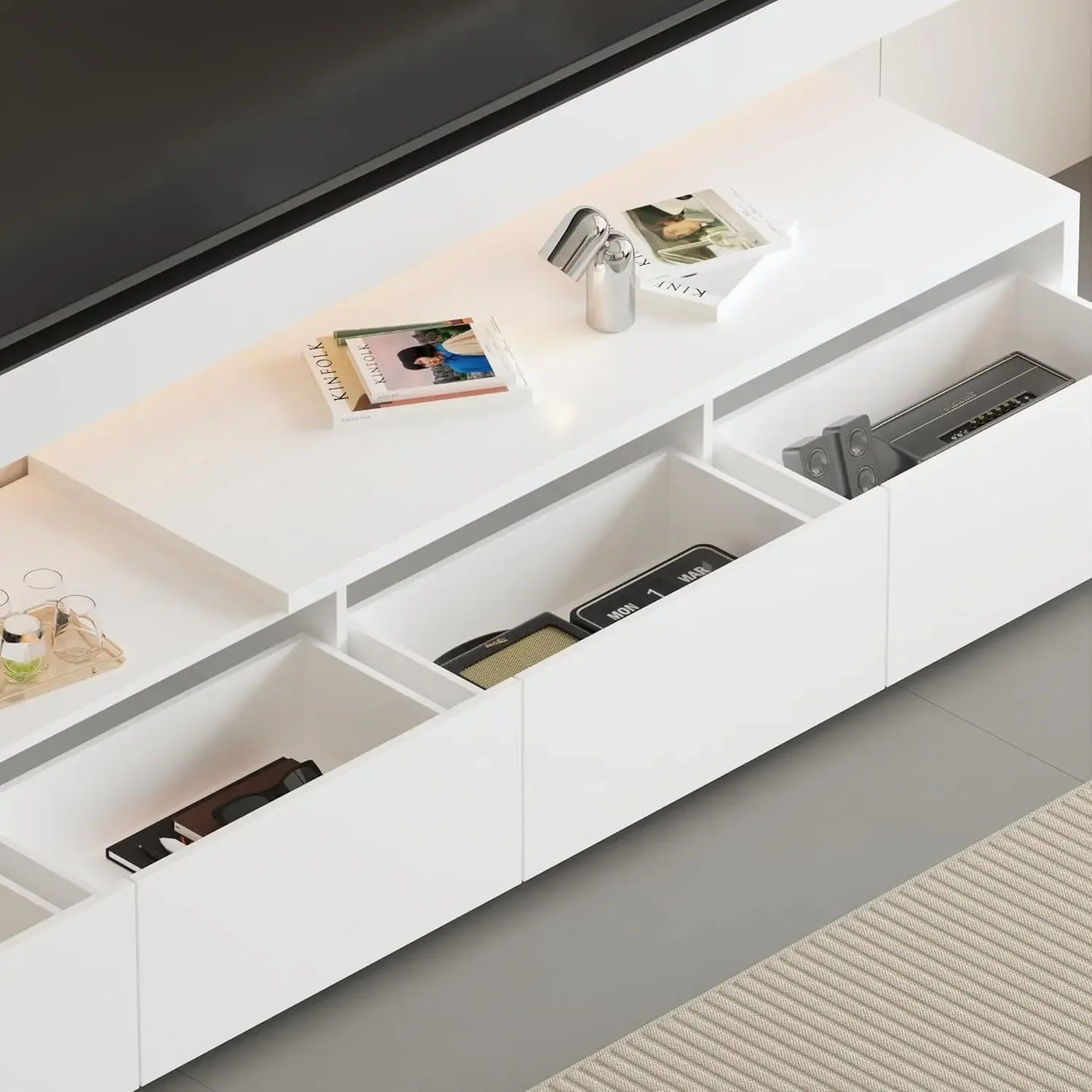 95.1" W TV Stand with 4 Flip-Down Drawers, Modern Entertainment Center with Storage, Media Console Table TV Cabinet