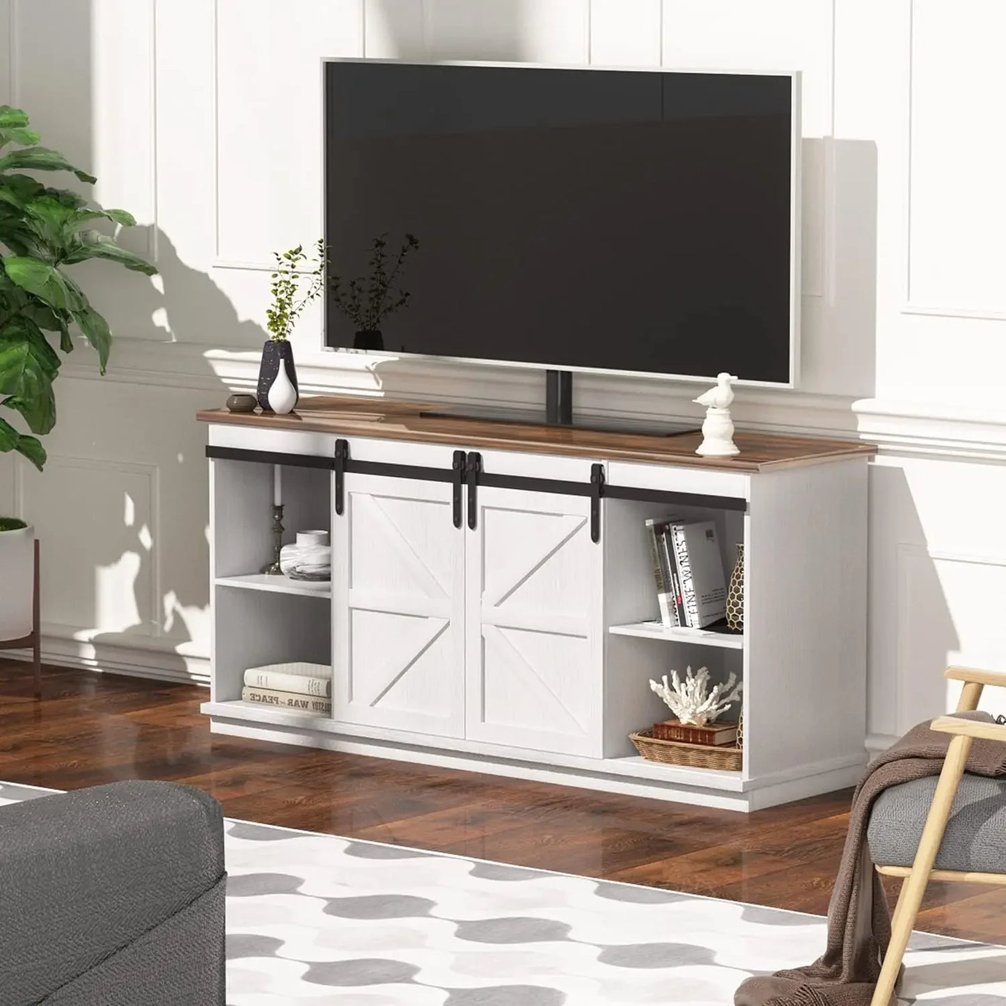 YESHOMY Farmhouse TV Stand and Entertainment Center for Televisions up to 65 Inchs, with Sliding Barn Doors and Storage Cabinets