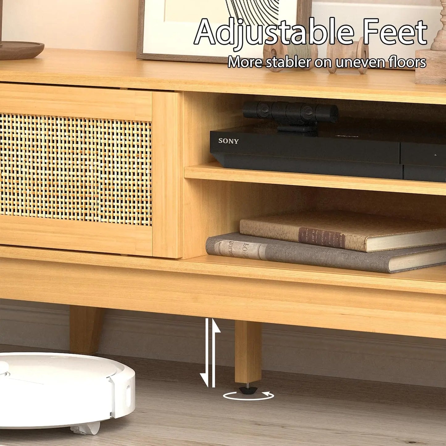 Boho TV Stand for 55 65 Inch TV, Rattan Entertainment Center with Shelves, Cabinets and Sliding Doors, TV Media Console Table