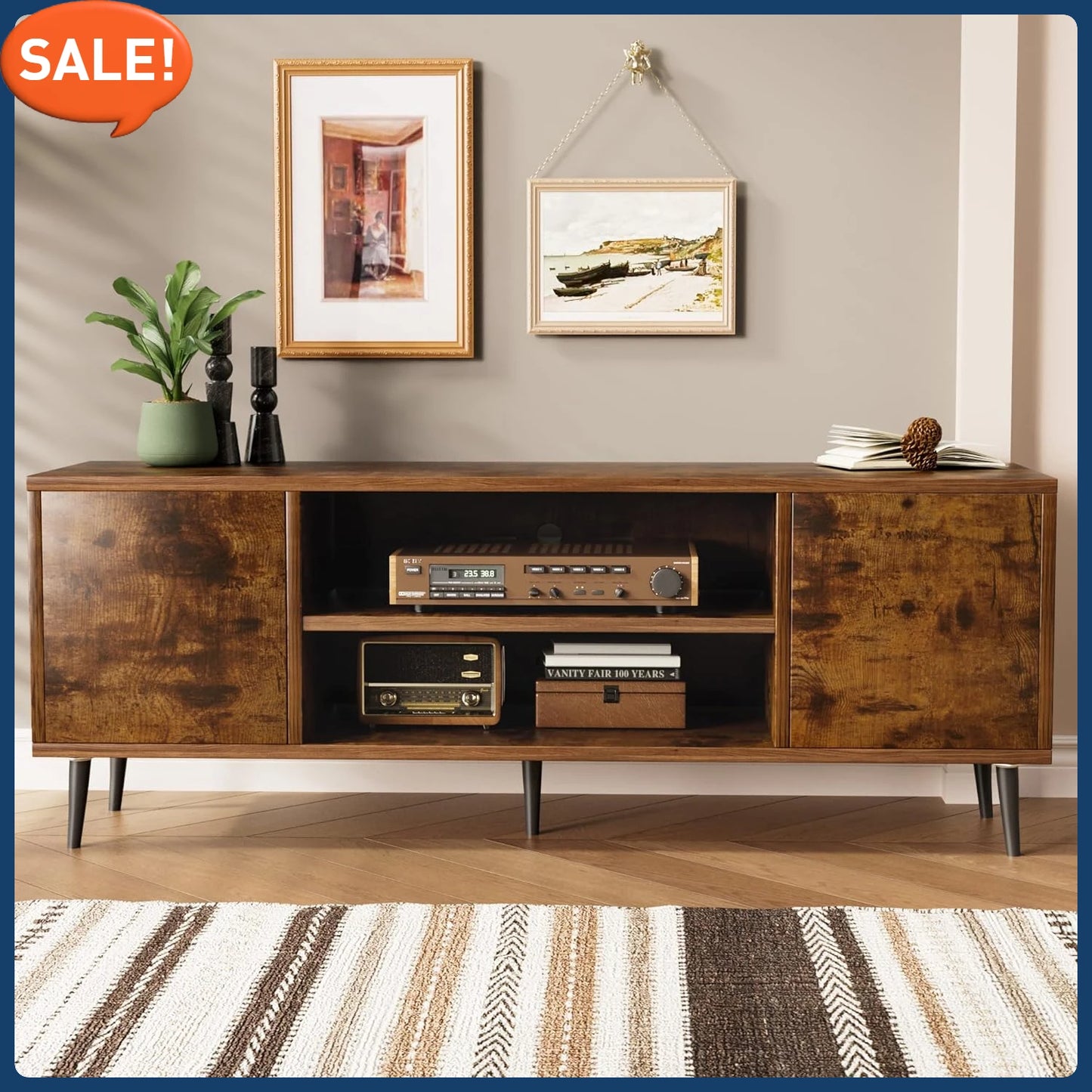 TV Stand for 65 Inch TV, Modern Entertainment Center with Storage Cabinet and Open Shelves