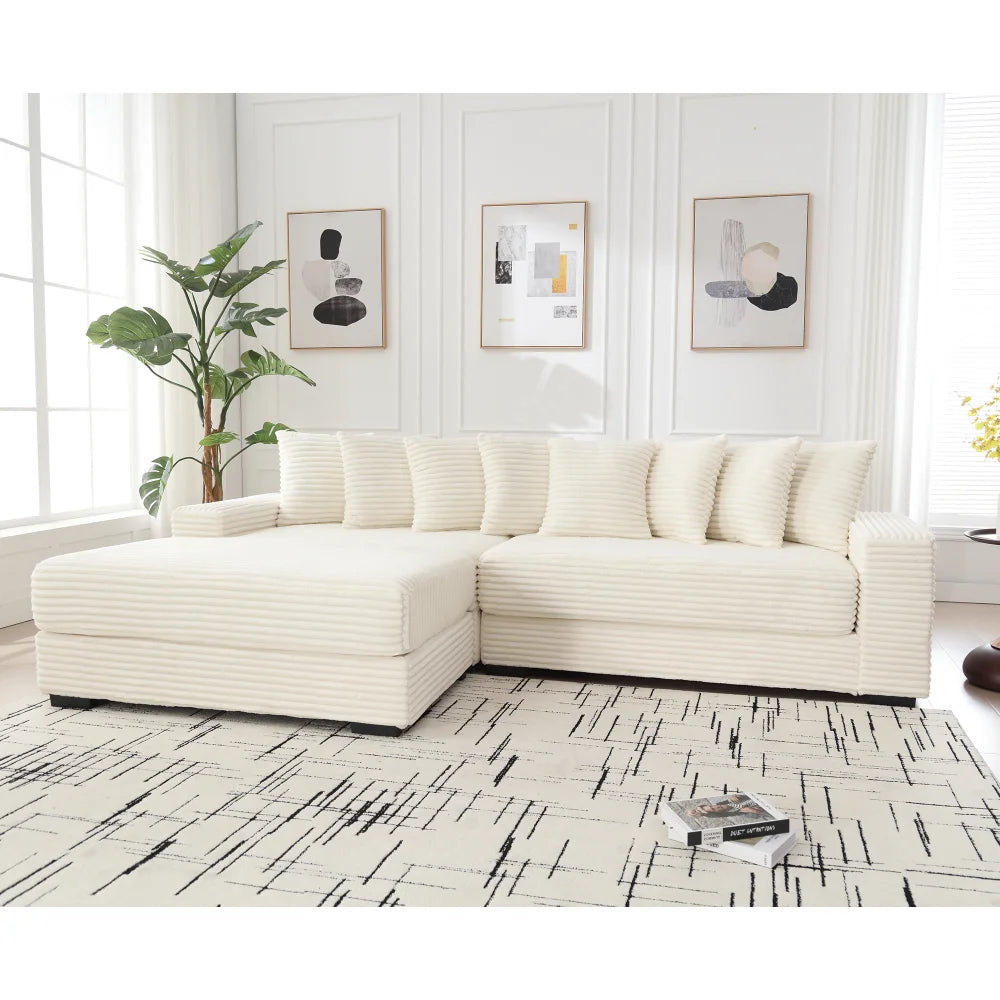 Oversized Two-Piece  Couches,  L Shaped Sofa, Corduroy, Left Chaise Daybed,with Armrests,Eight Throw Pillows,Corner Sofa