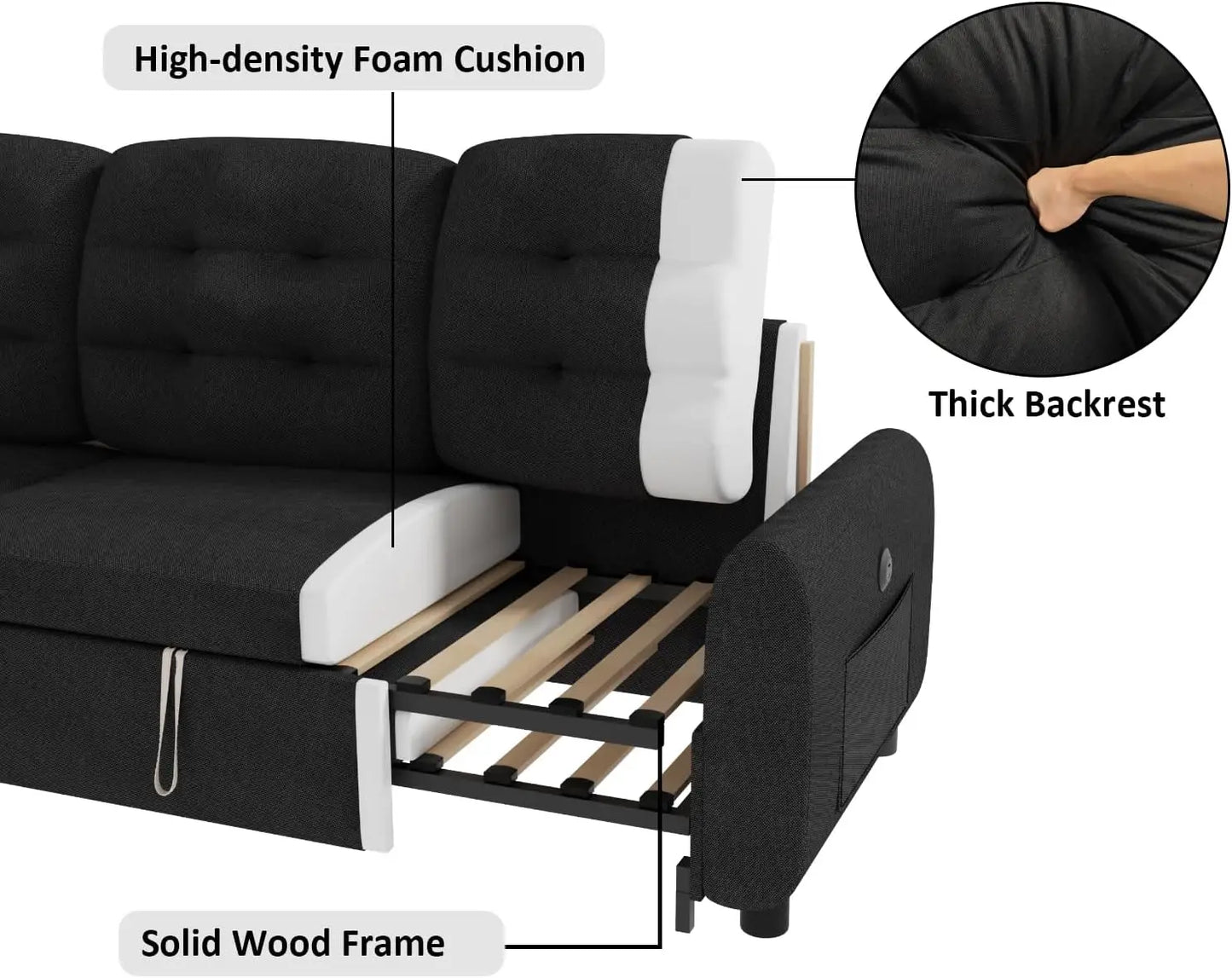 Sectional Sofa Couch, 87" Sleeper Sofa Bed with Reversible Storage Chaise Pull Out Couch for Living Room | Side Pocket