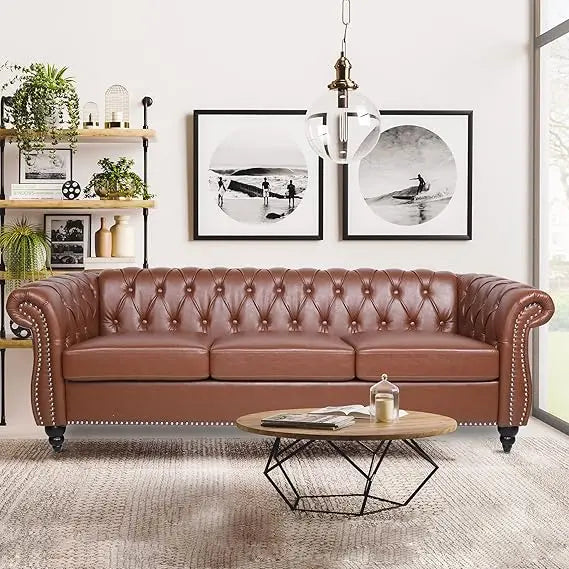 Chesterfield Sofa Velvet, Modern Tufted Couch 3 Seater with Rolled Arms and Nailhead for Living Room, Bedroom, Office, Apartment