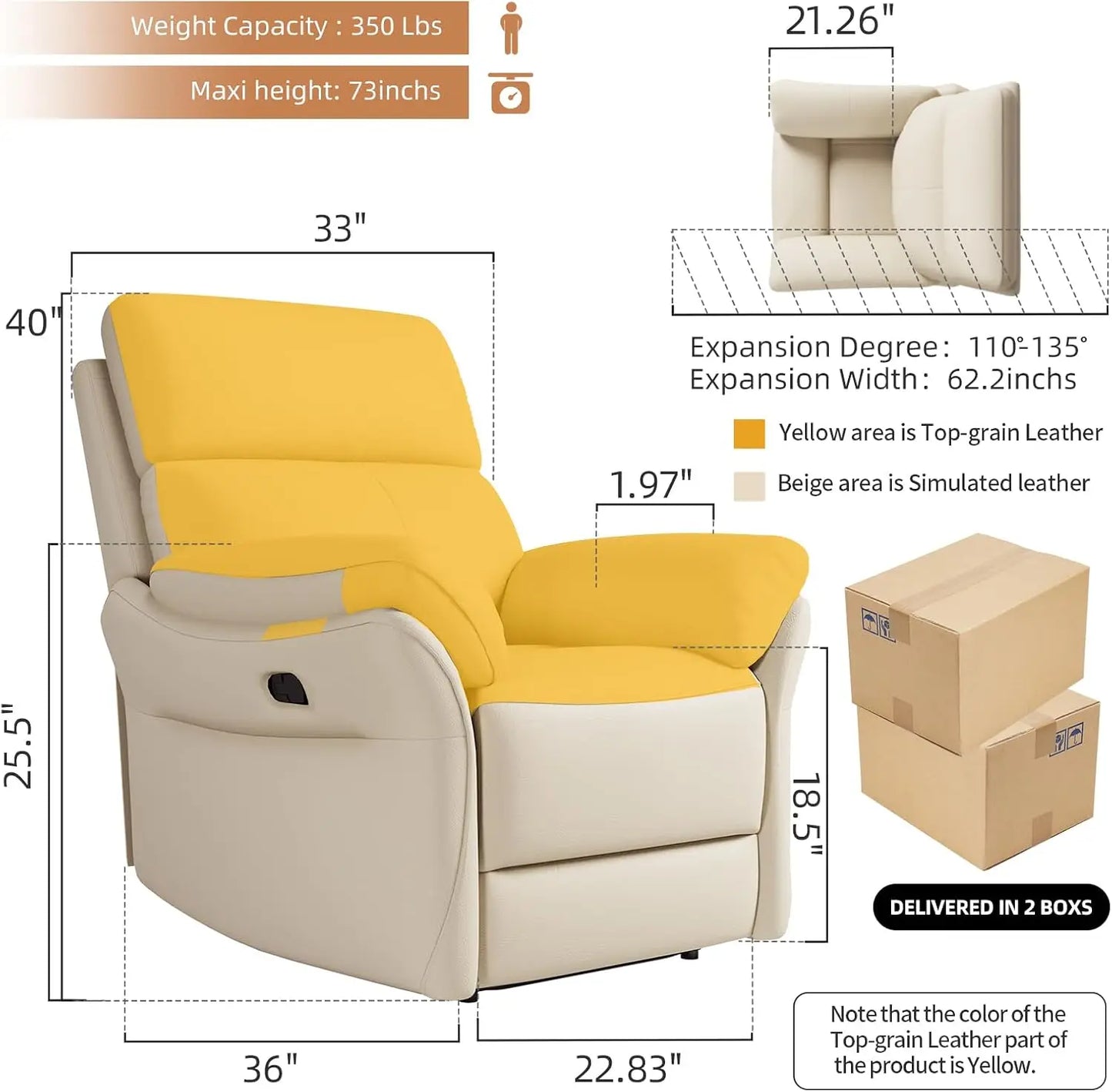 Genuine Leather Recliner Chair,Top-Grain Leather, Ergonomic Living Room Chair, High Back Theater Seating Single Reclining Sofa