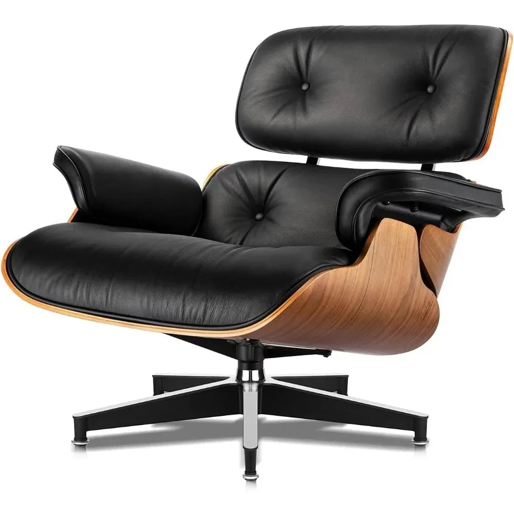 Black Grained Leather, Mid-century Lounge Chair and Footstool, Modern Chair Classic Design, Walnut, Heavy Base Support