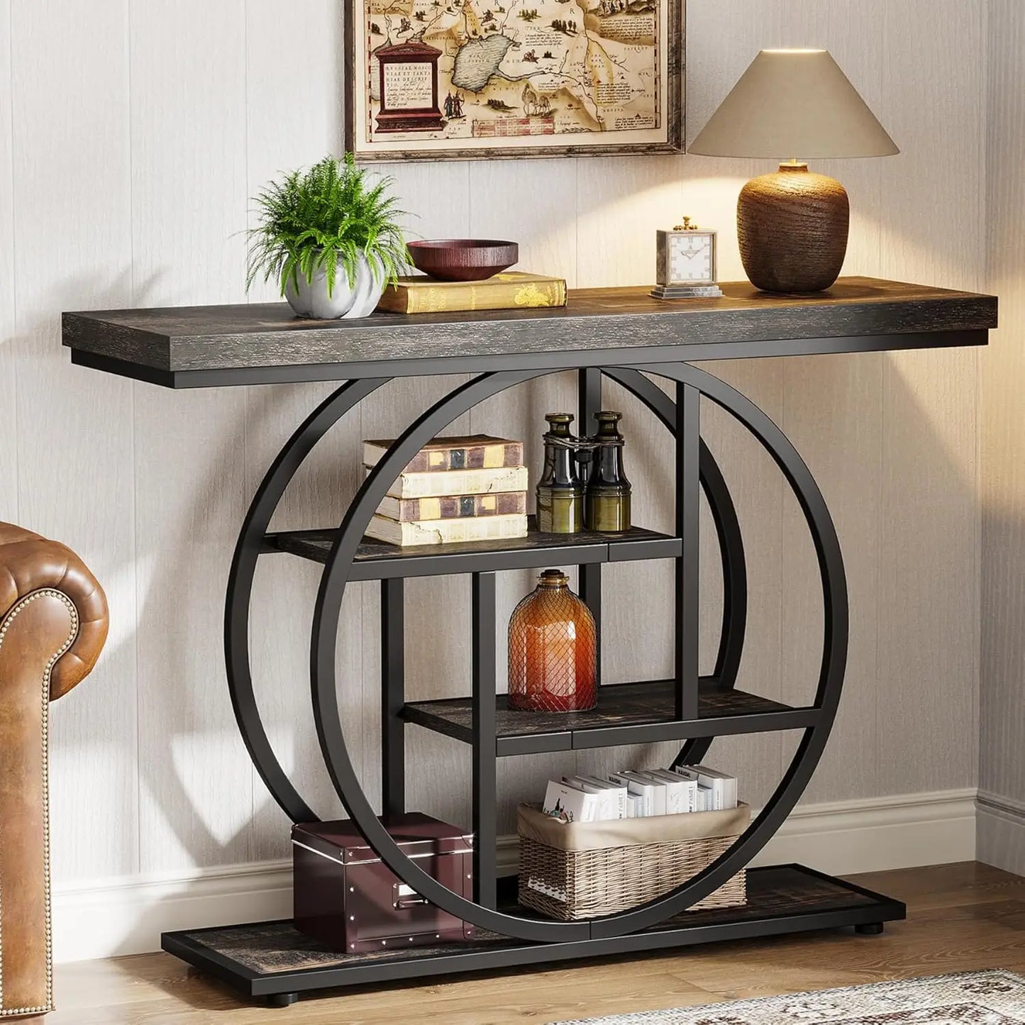 41.3" Console Table, Industrial 4-Tier Sofa Table Entryway Circle Base,  Narrow Wood Accent Tables  Storage Shelves