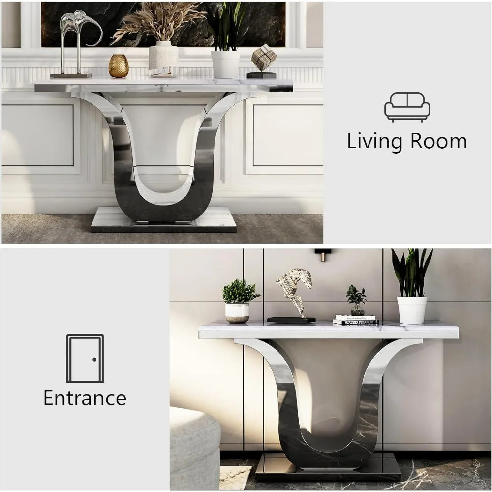 Silver Console Table,  White and Silver Living Room Sofa Table,  50" Modern Console  Entryway, Living Room
