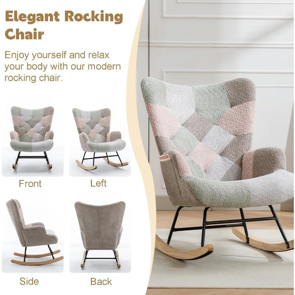 Nursery Rocking Chair Teddy Upholstered Glider Rocker Rocking Accent Chair with High Backrest Armchair Comfy Side Chair