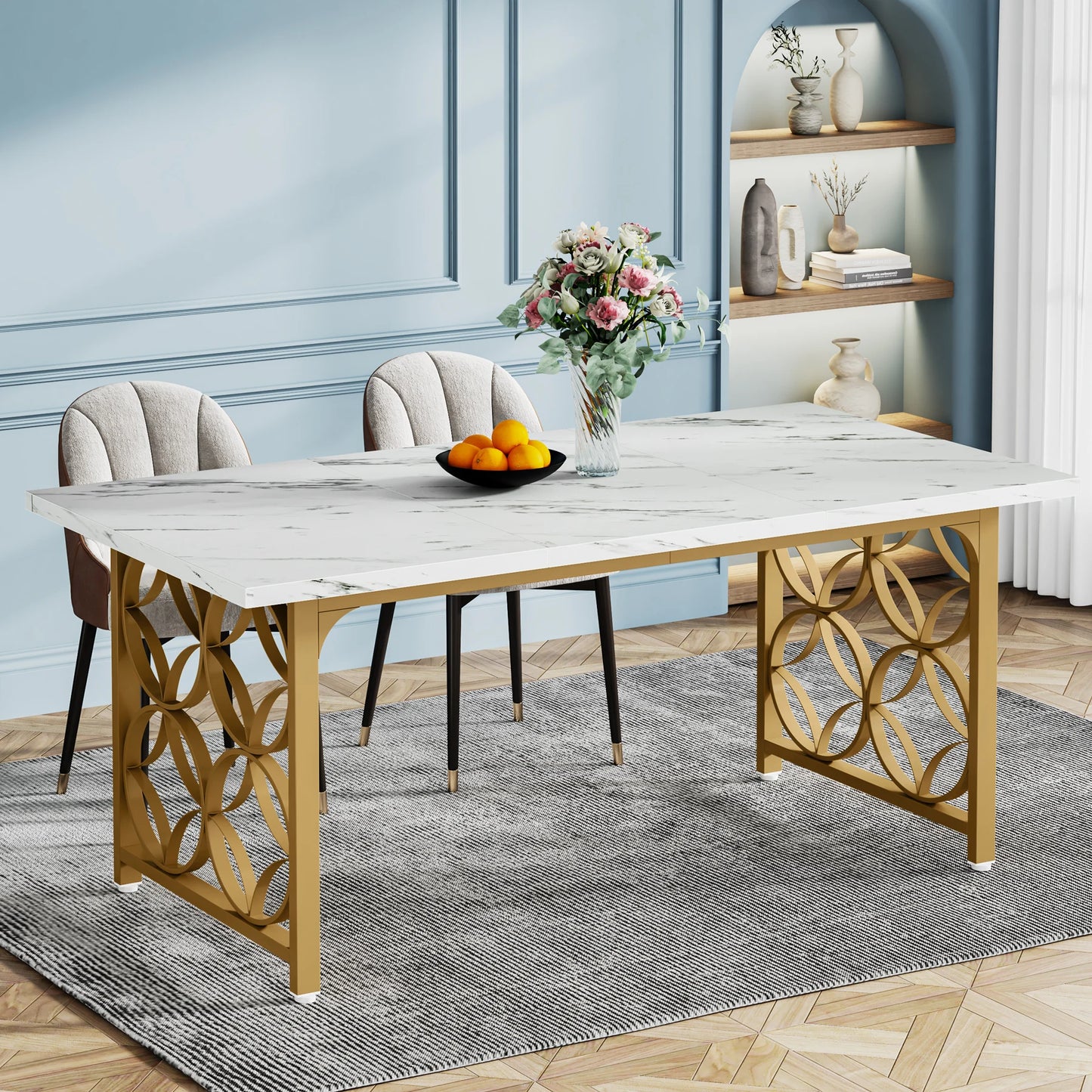 Tribesigns Dining Table, 63-inch Modern Marble Dining Room Table for 6 People, Rectangular Kitchen Table with Gold Metal Frame
