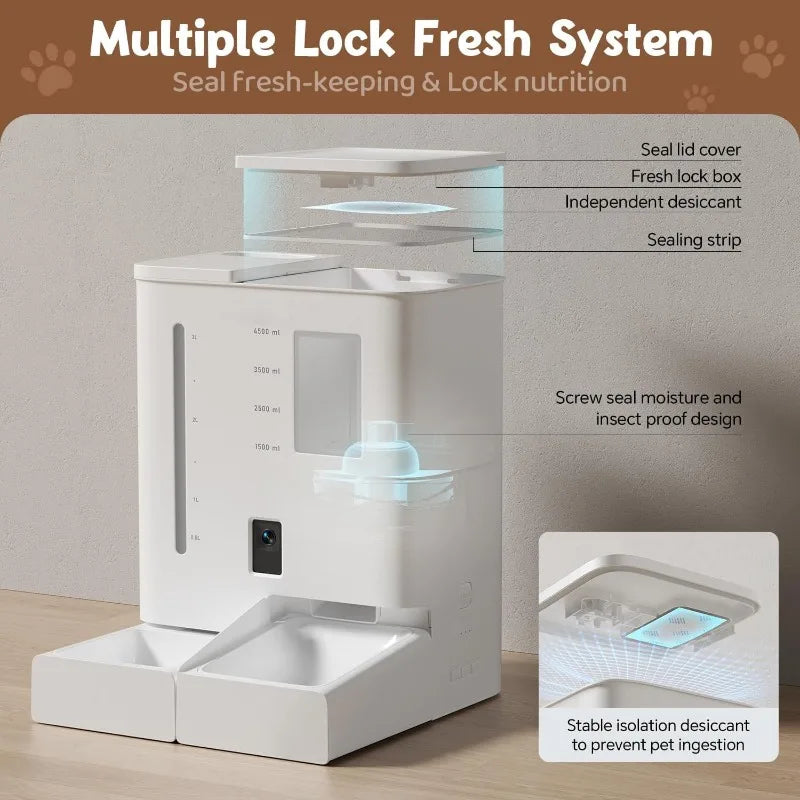 Cat Feeder with Camera,5G/2.4G WiFi Pet Feeder,2K HD Video and Night Vision,Easy APP Operation,Low Food and Food Clogg