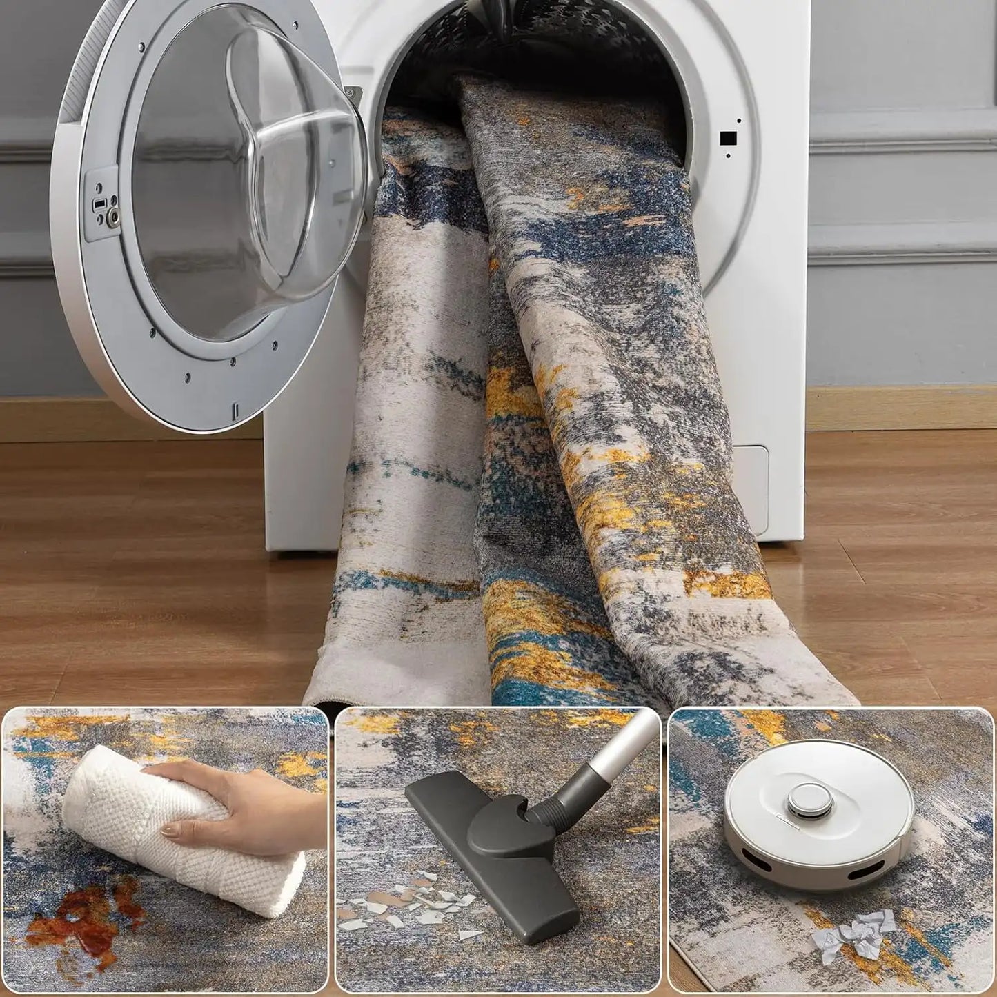 Area Rugs for Living Room, Machine Washable Vintage Rug, Non-Slip Low Pile Throw Rugs with Rubber Backing Washable Carpet