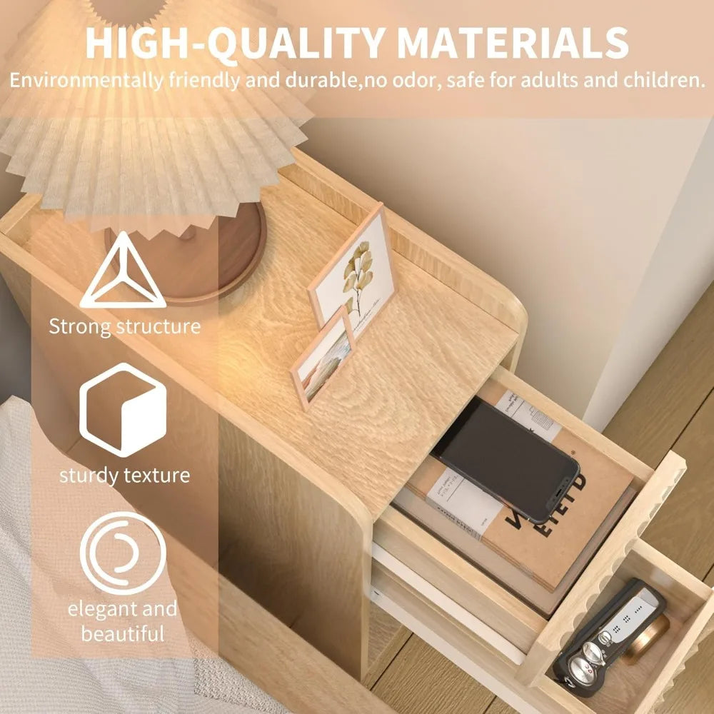 Small Fluted Nightstand Set of 2, Wood 2 Drawer , Slim Side Table, Natural Wood Night Stand with Drawers for Bedroom